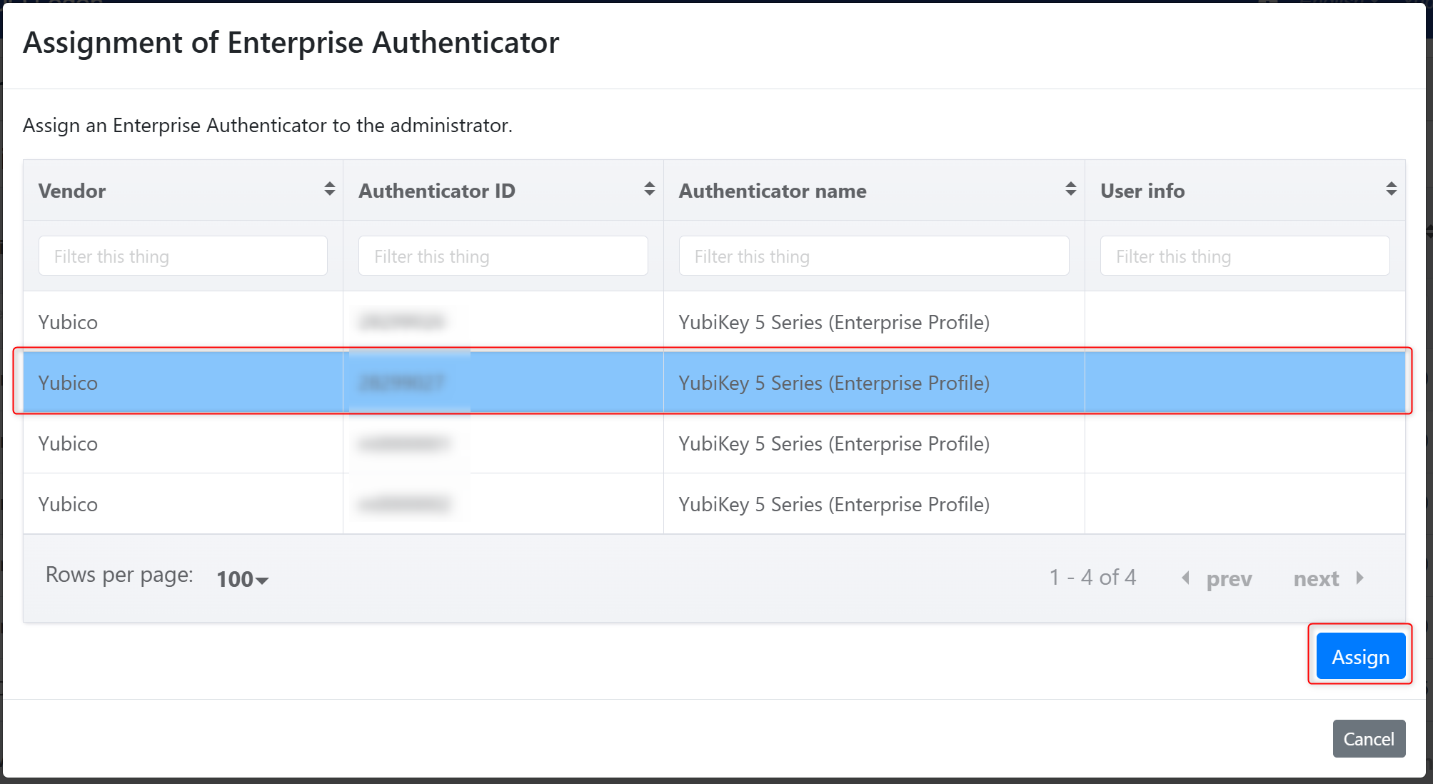 Assign Enterprise Authenticator Modal