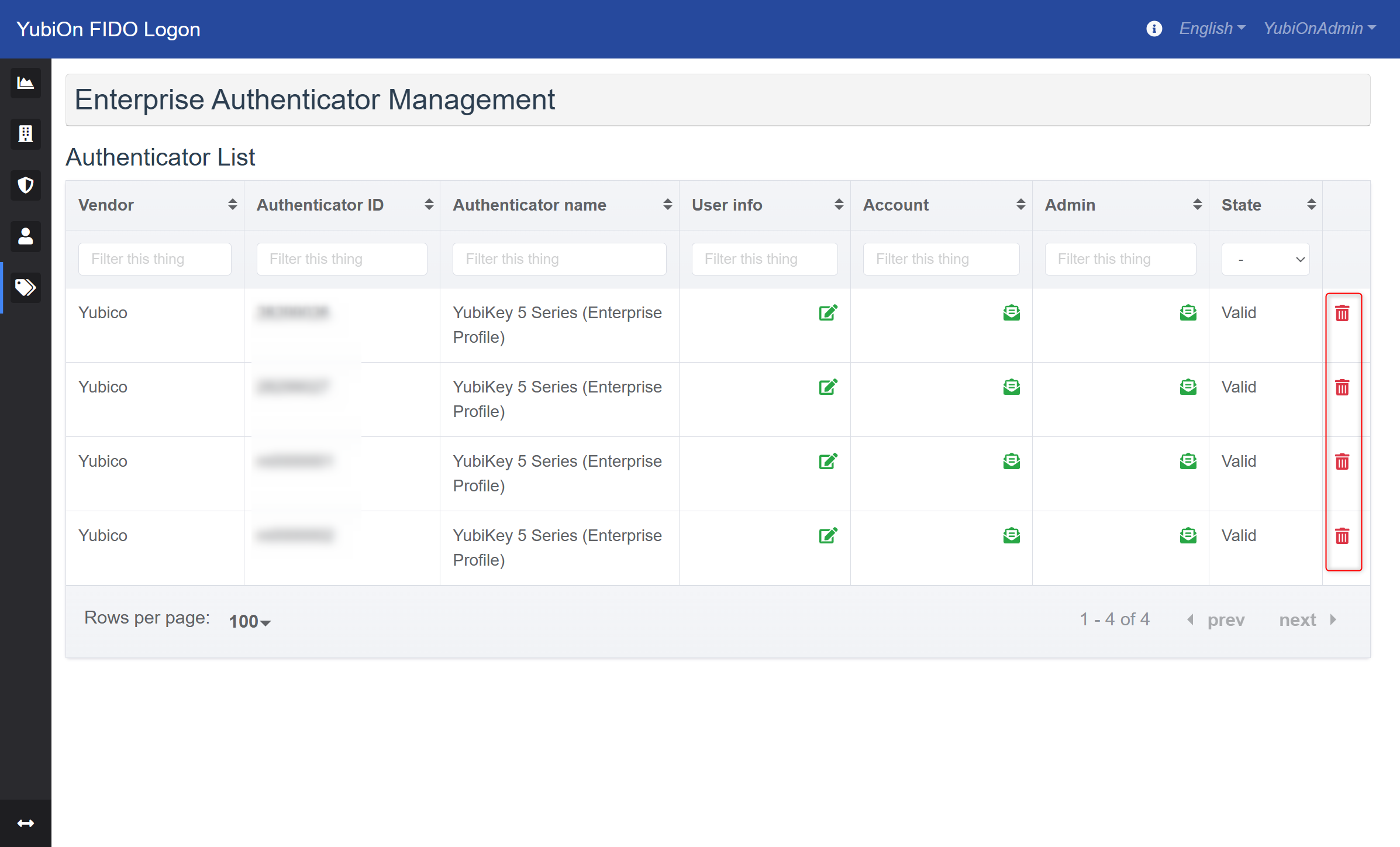 Enterprise Authenticator Management Screen