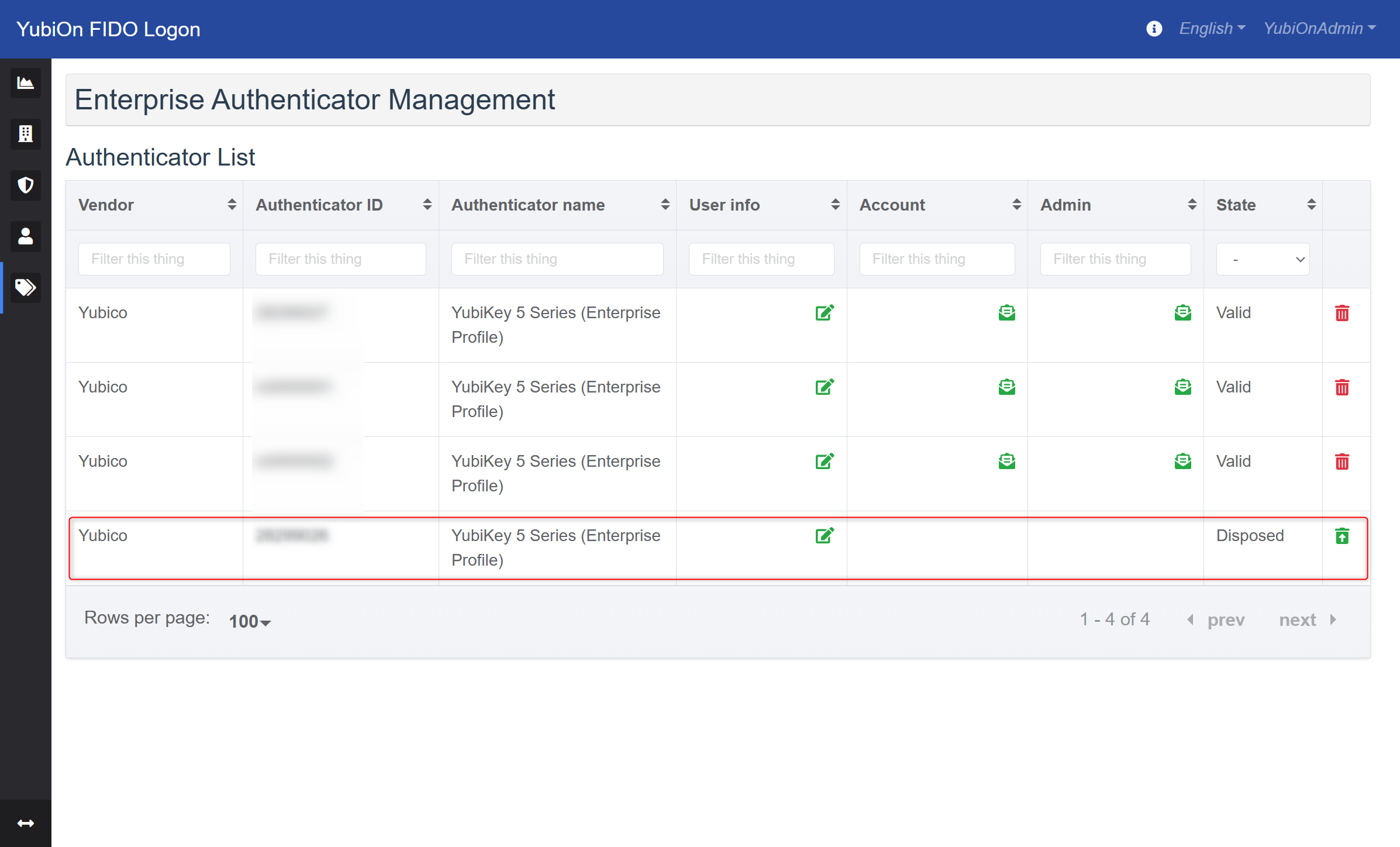 Enterprise Authenticator Management Screen