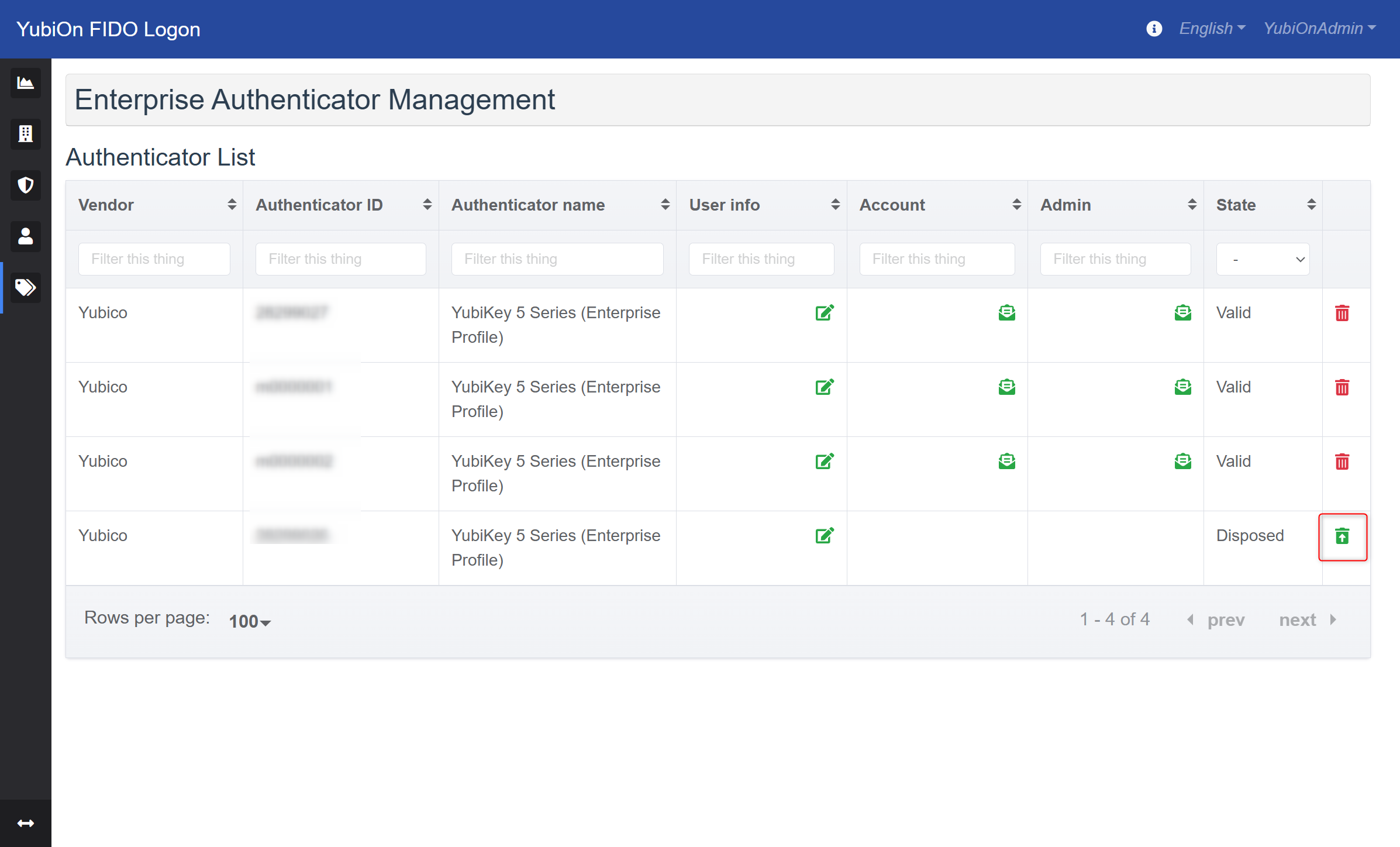 Enterprise Authenticator Management Screen