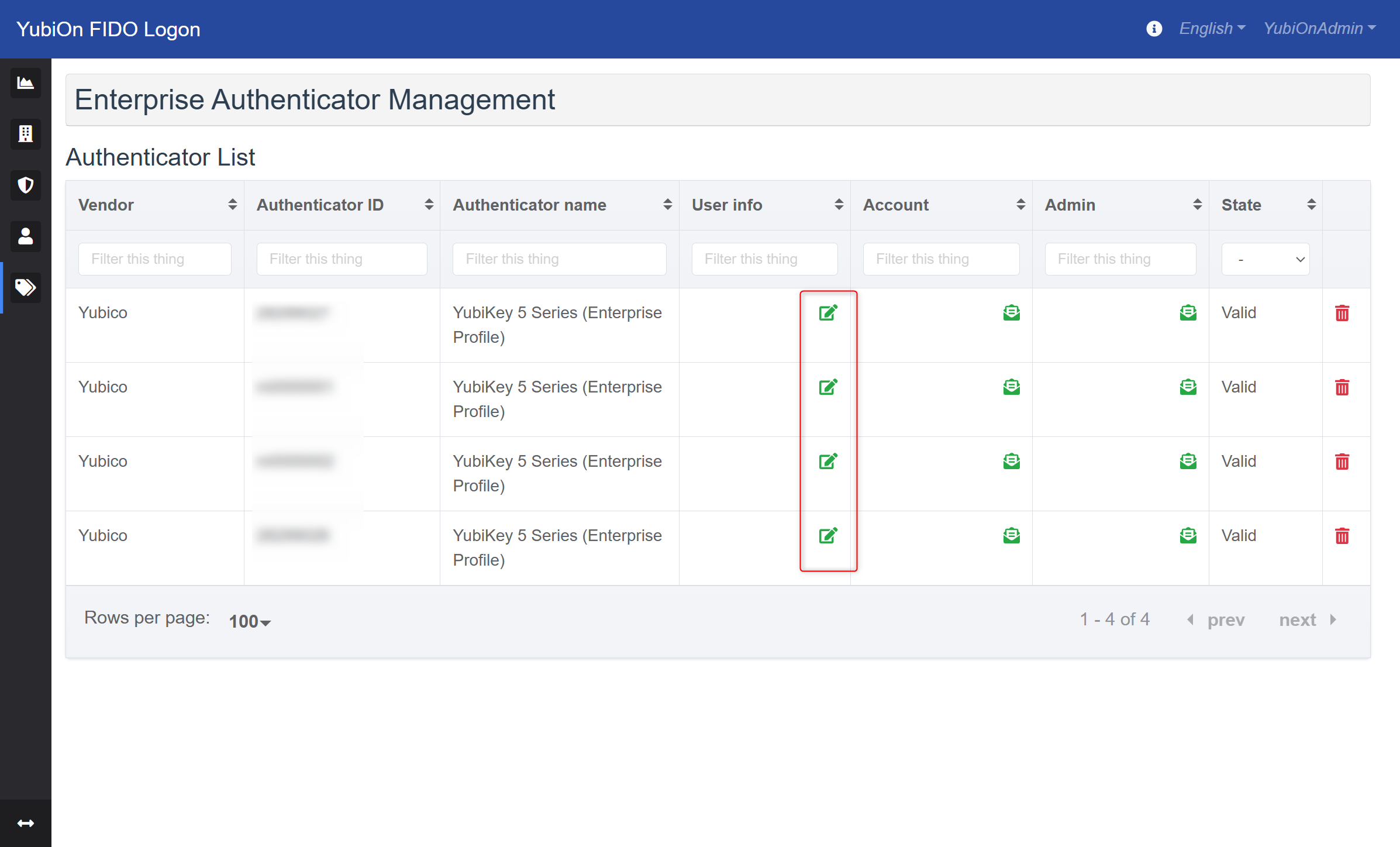 Enterprise Authenticator Management Screen