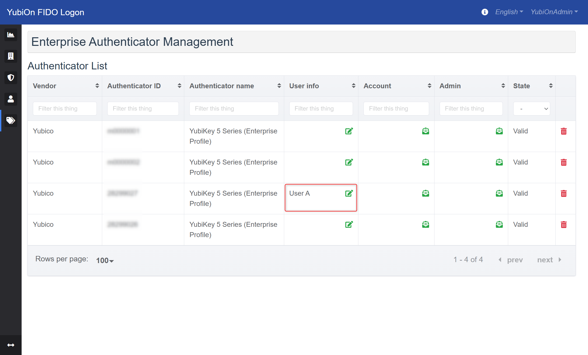 Enterprise Authenticator Management Screen