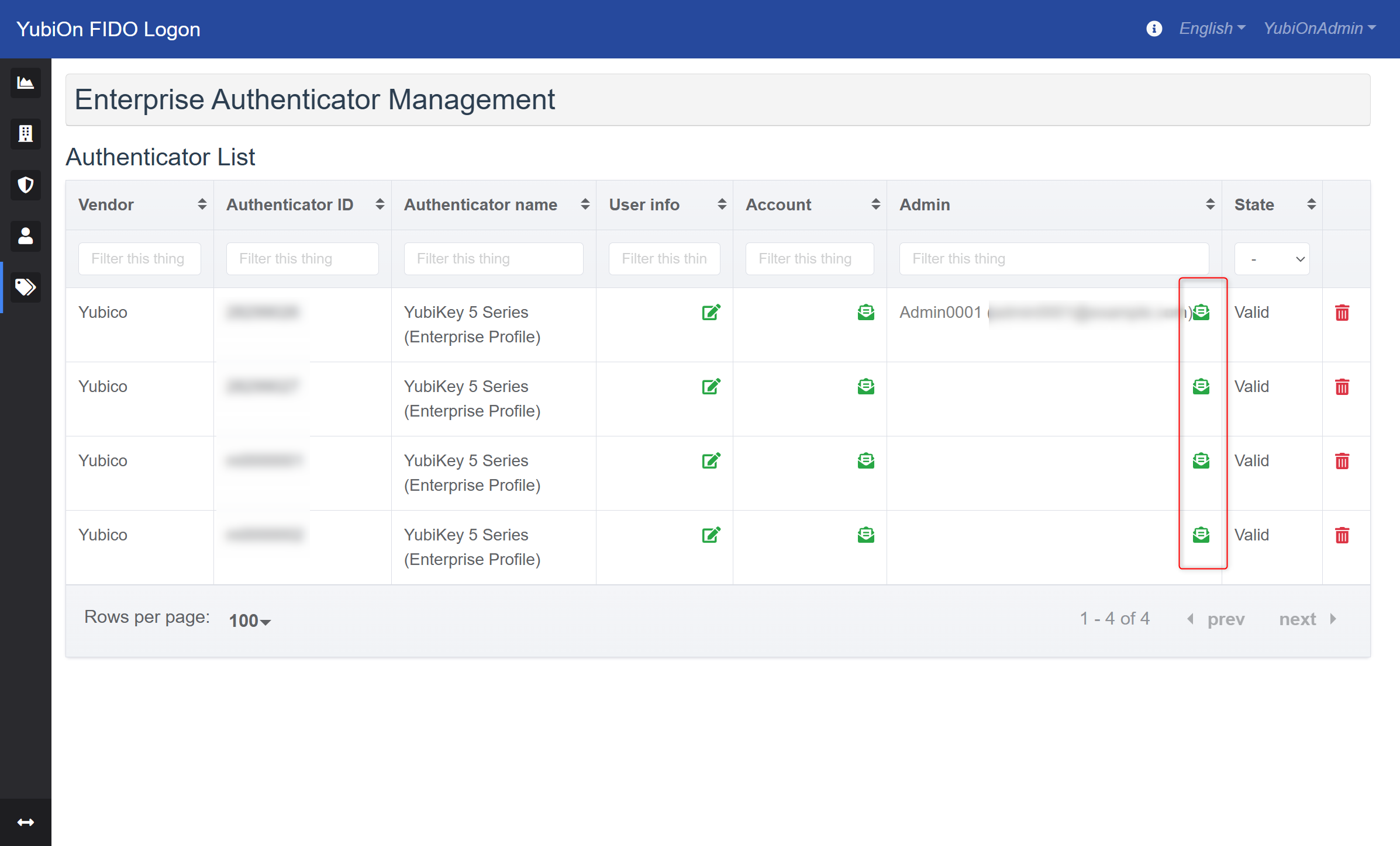 Enterprise Authenticator Management Screen