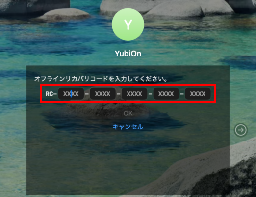オフラインリカバリコードの入力