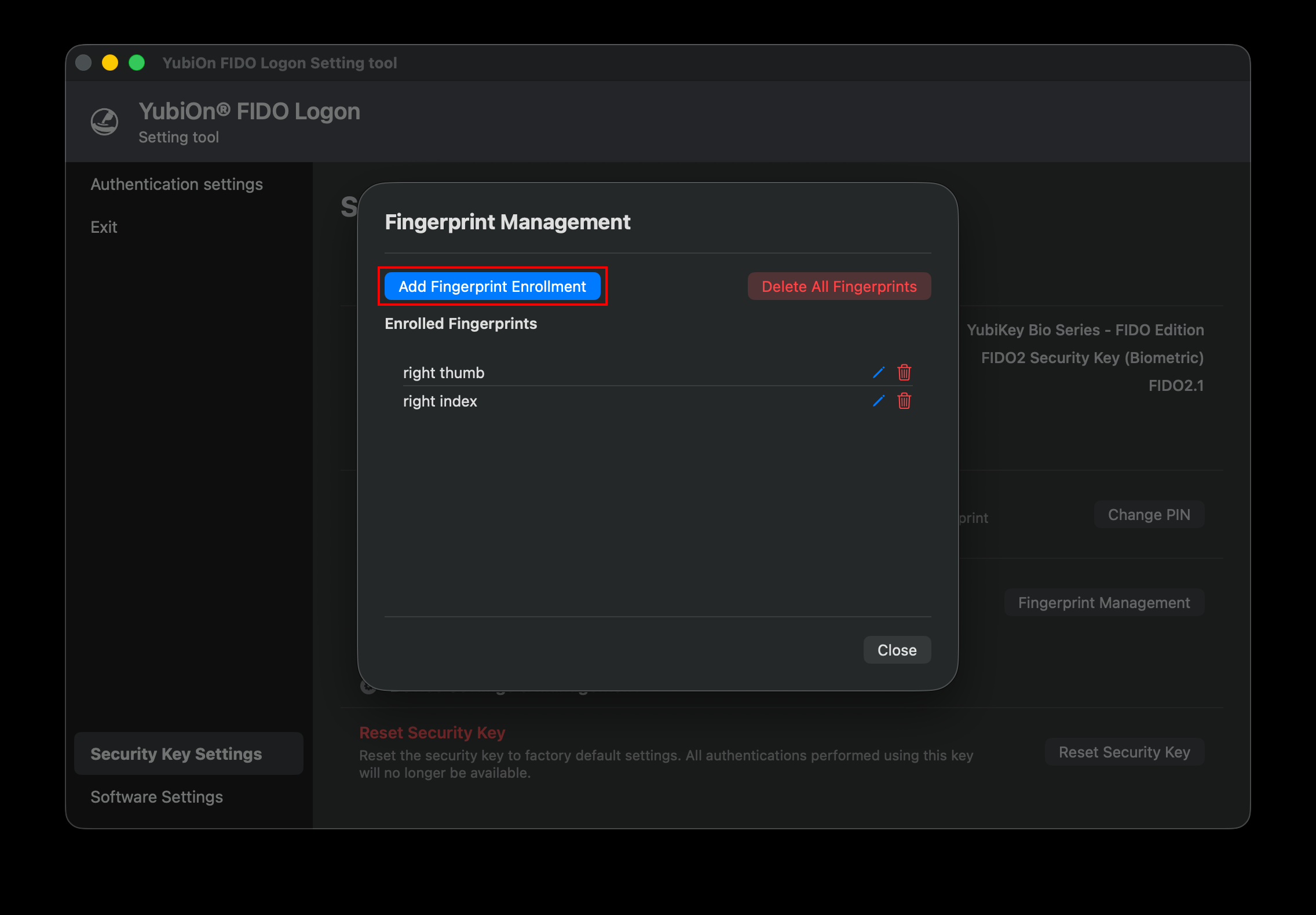 Fingerprint Management Screen