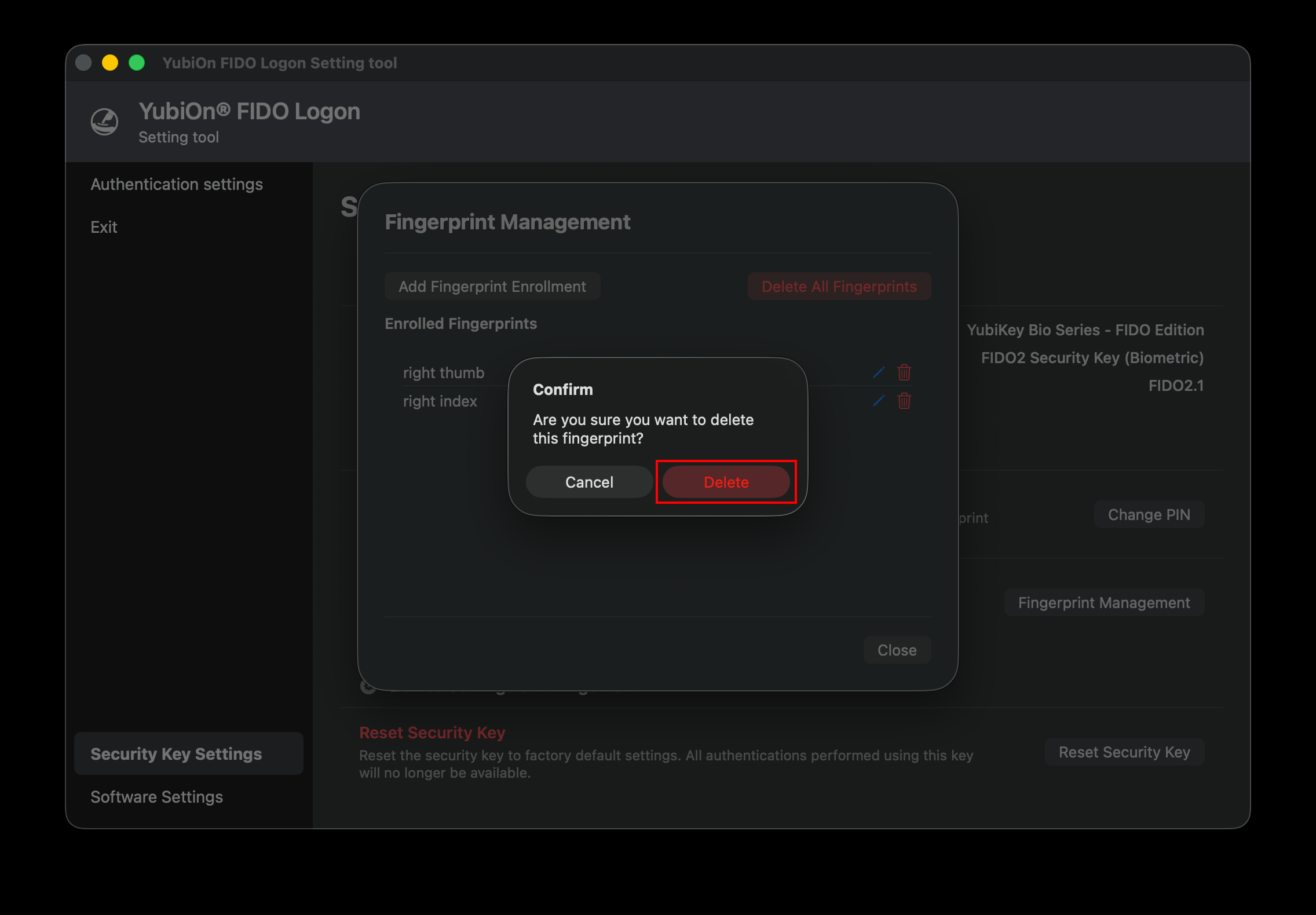 Delete Fingerprint Confirmation Dialog
