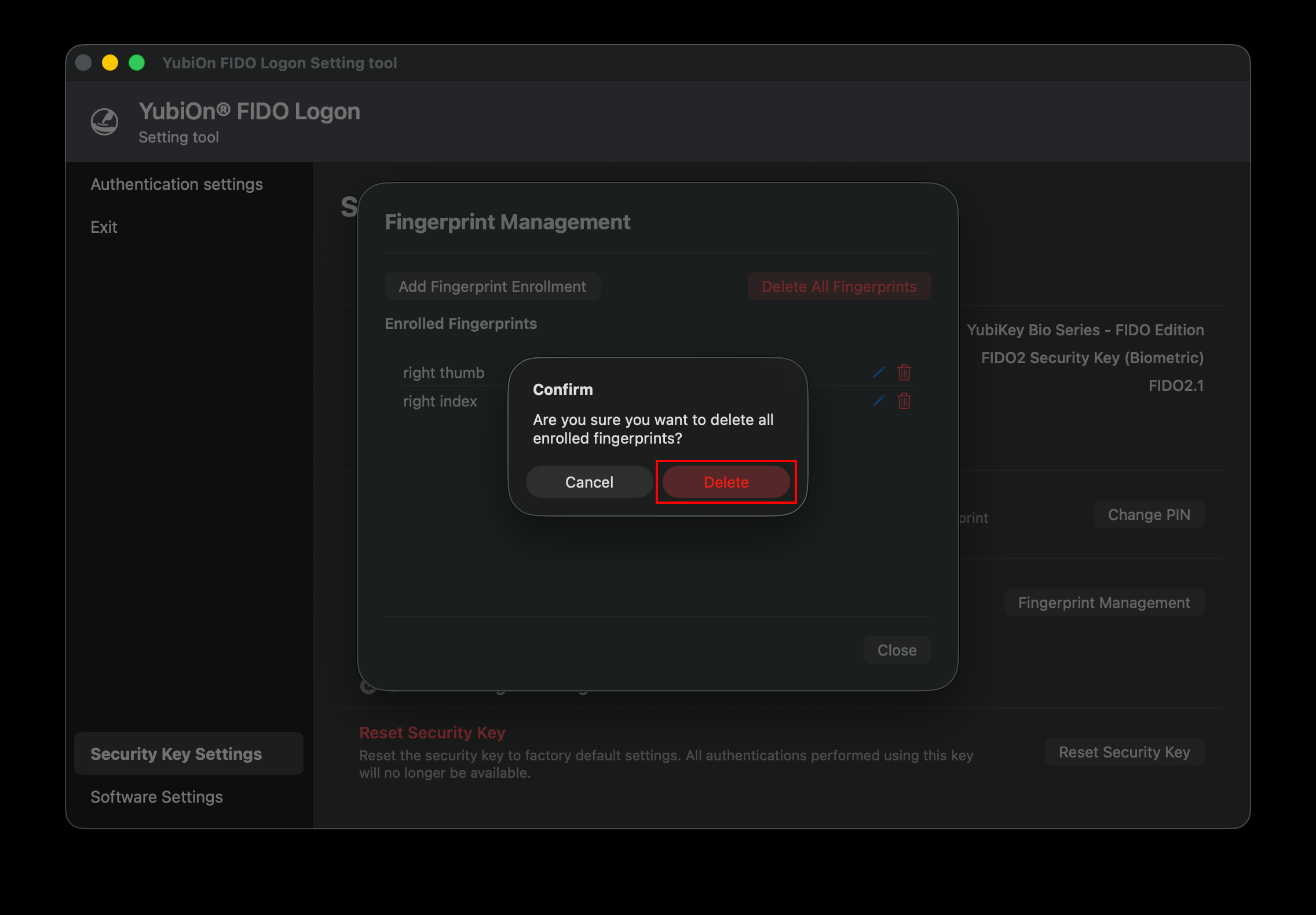 Delete All Fingerprints Confirmation Dialog