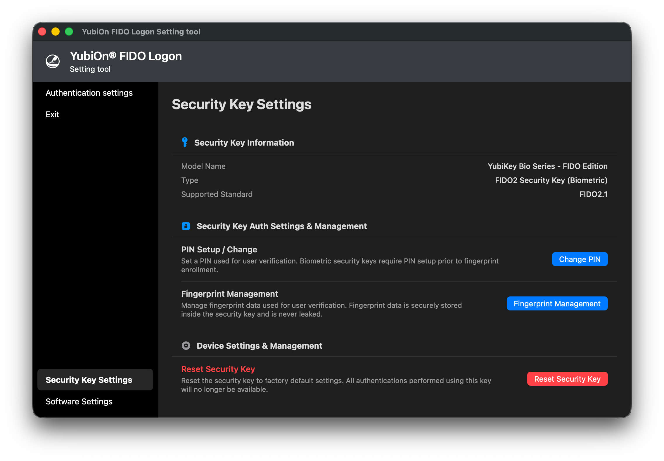 Security Key Settings Screen