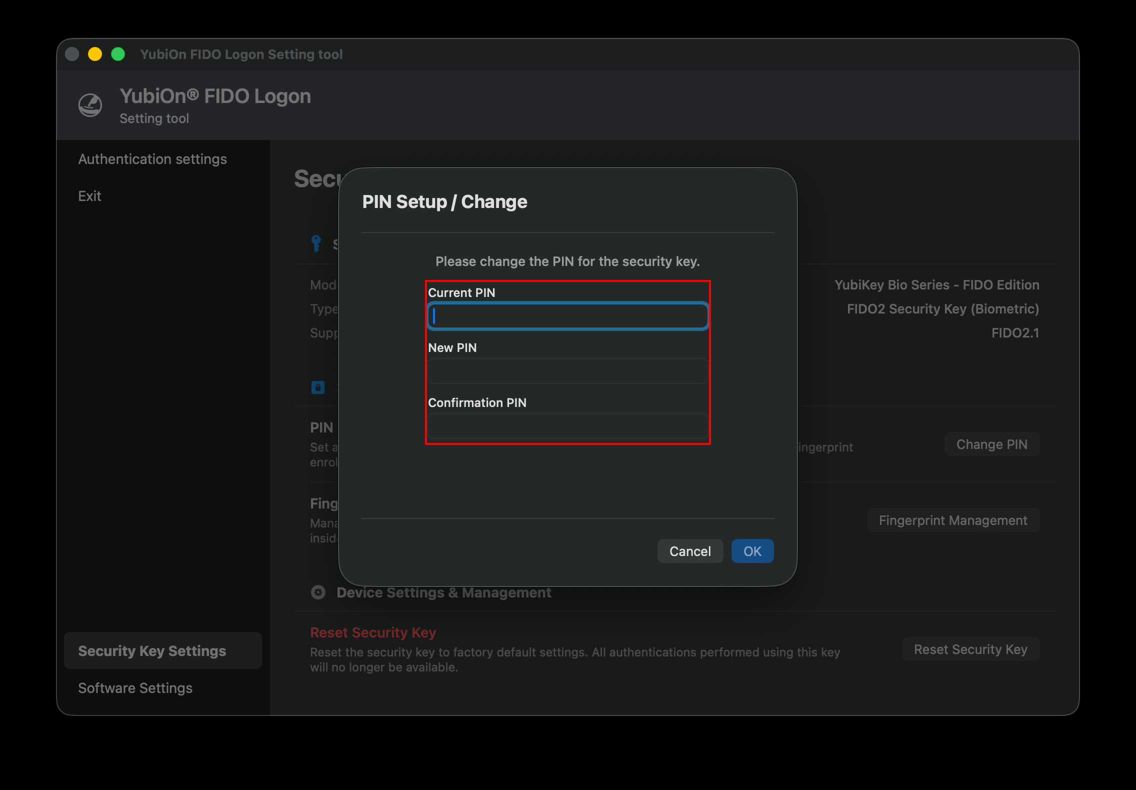 PIN Change Screen