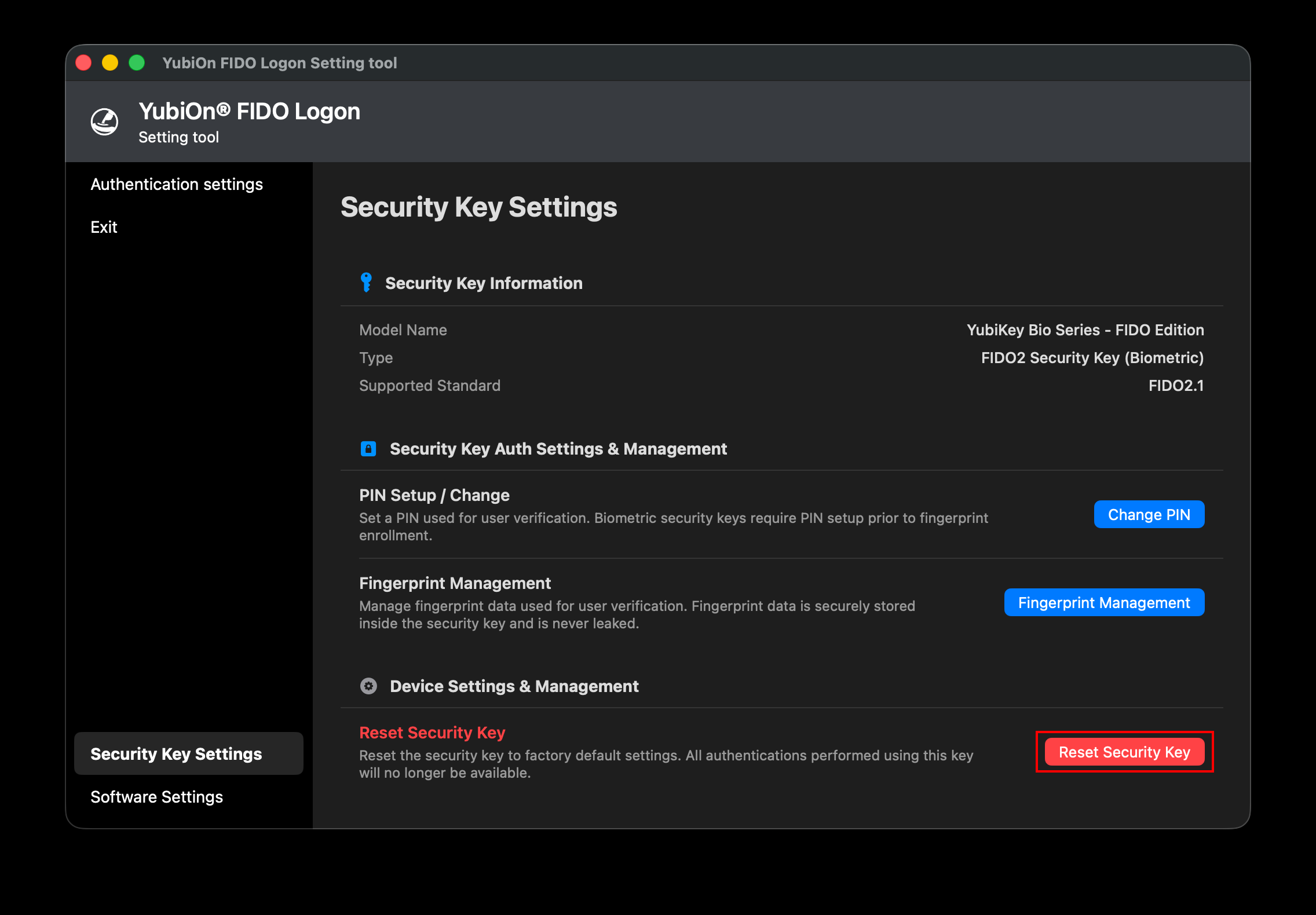 Reset Security Key Button