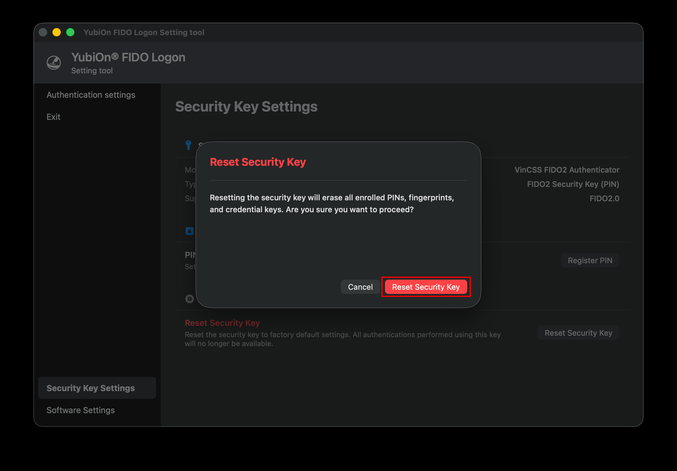 Reset Confirmation Dialog