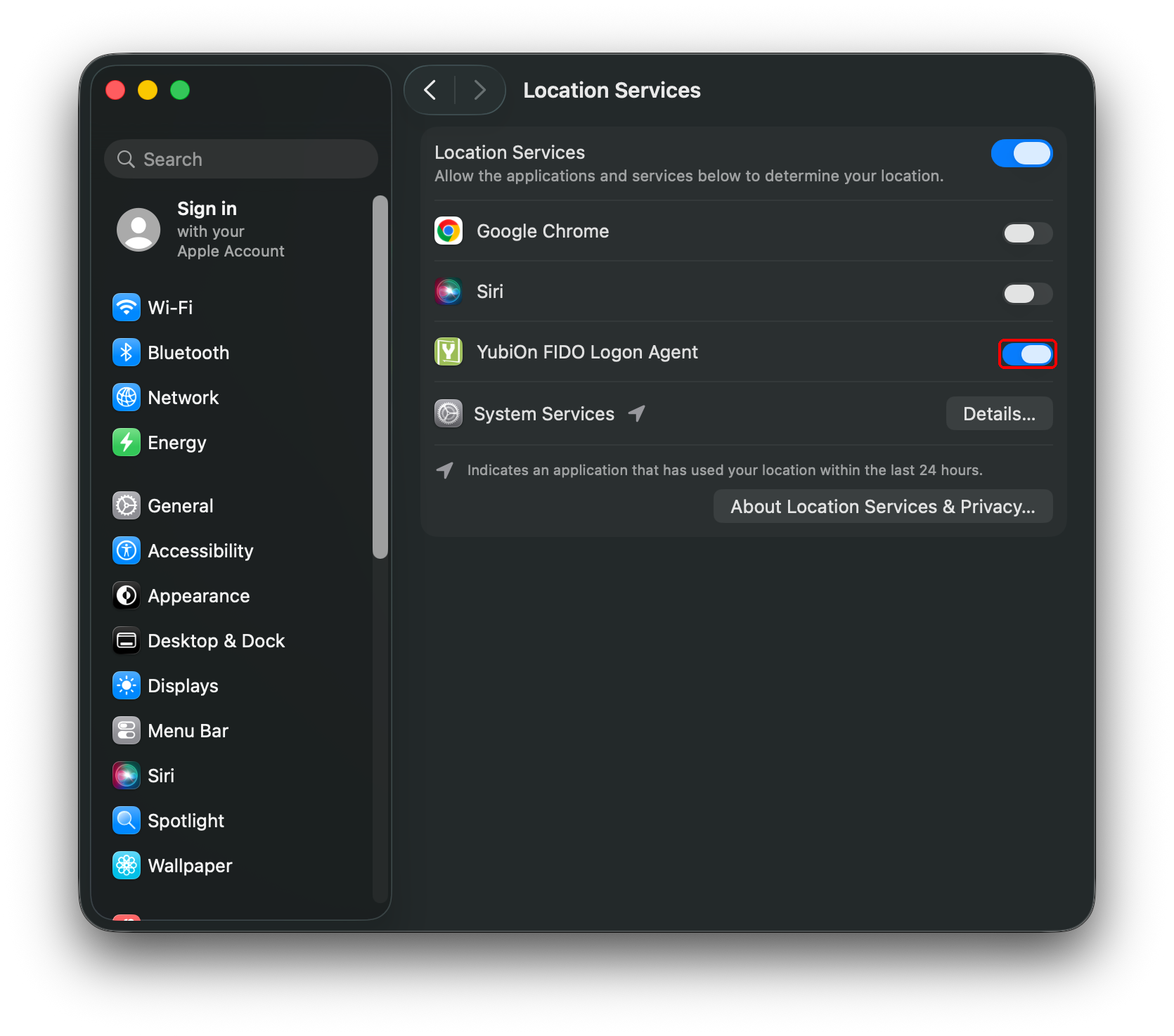 Location services setting